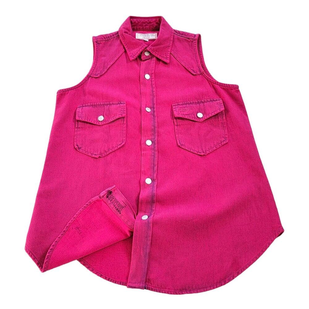 Vintage Guess Sleeveless Shirt Womens Medium Acid Wash Denim Pink Western USA‎ - Picture 11 of 14